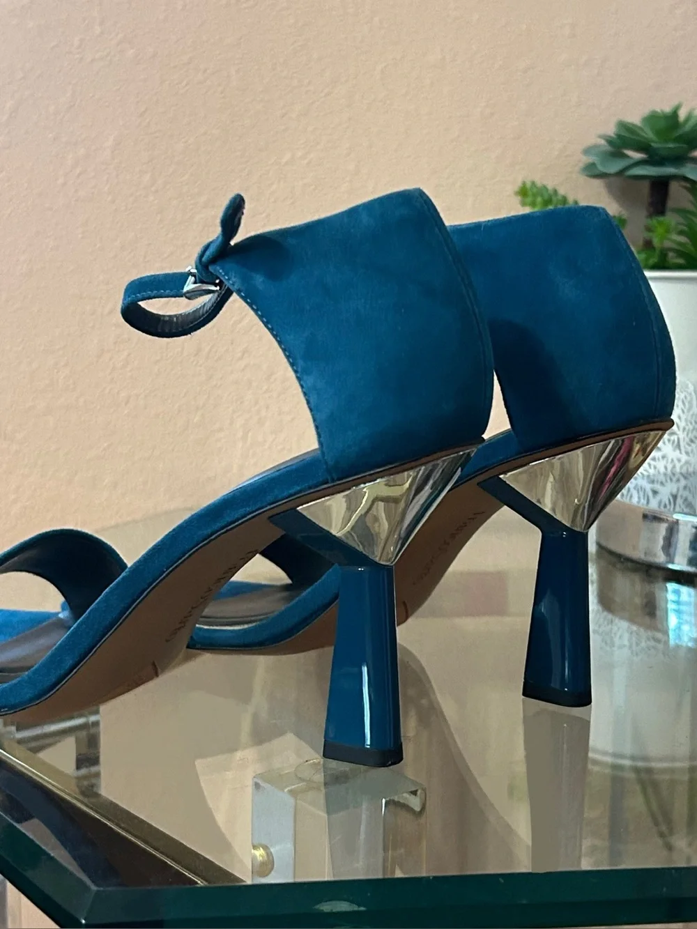 Never Worn * Franco Sarto Blue Suede Open-Toe Silver Heel Sandals Size 9.5